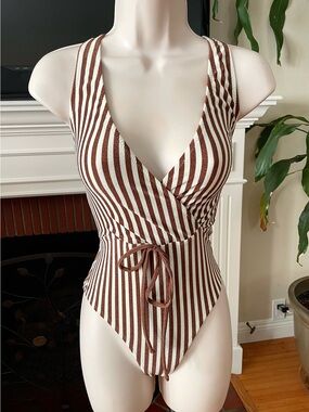 Bec + Bridge Cream & Brown Striped Vintage Inspired Swimsuit Bodysuit 6